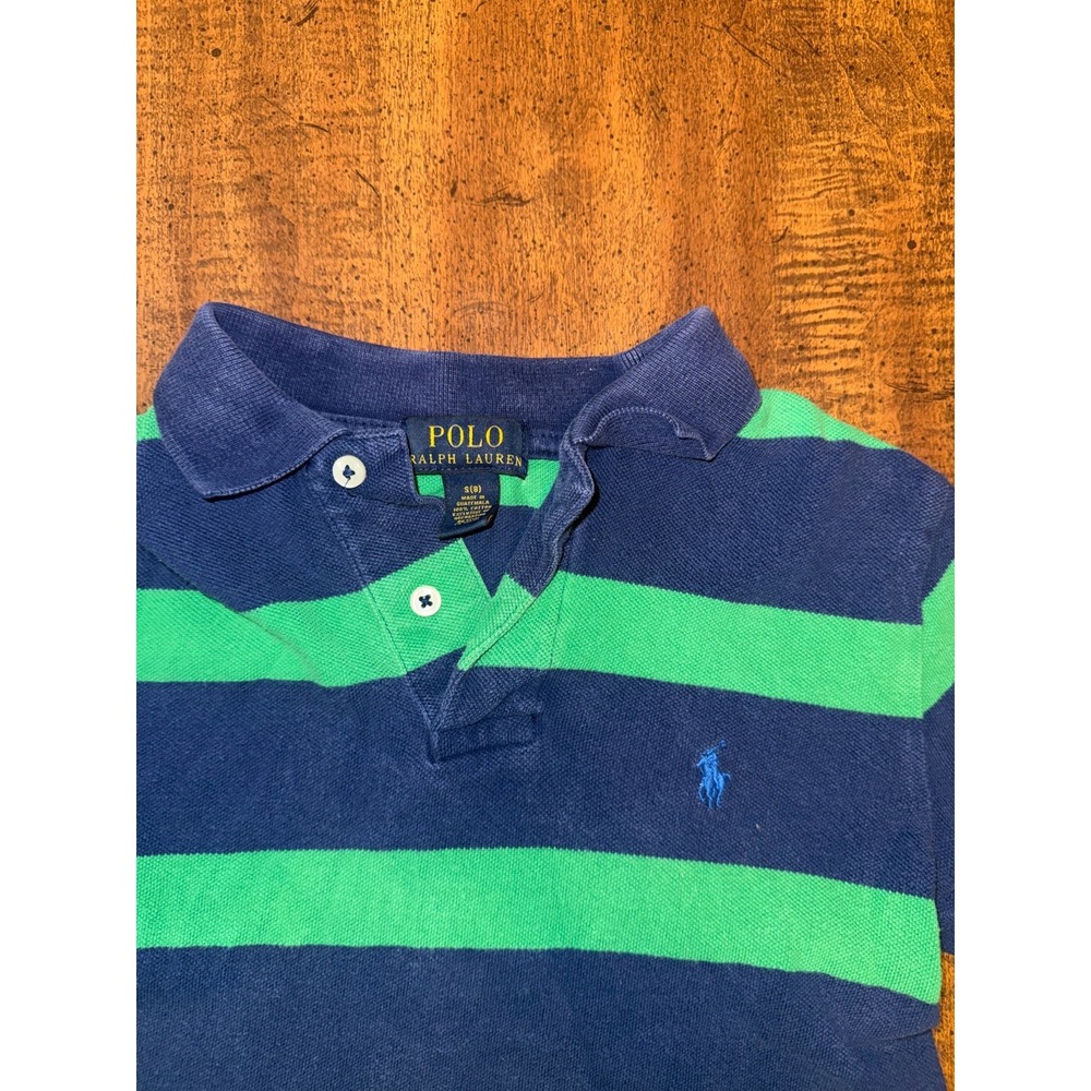 Polo Ralph Lauren Boys S 8 Navy Green Stripe Cotton Pique Polo Shirt Pony - Picture 3 of 3